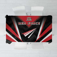 Black cricket tablecloth with Red Force logo and red-white diagonal stripes