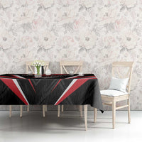 Black cricket tablecloth featuring red-and-white stripes and Red Force emblem
