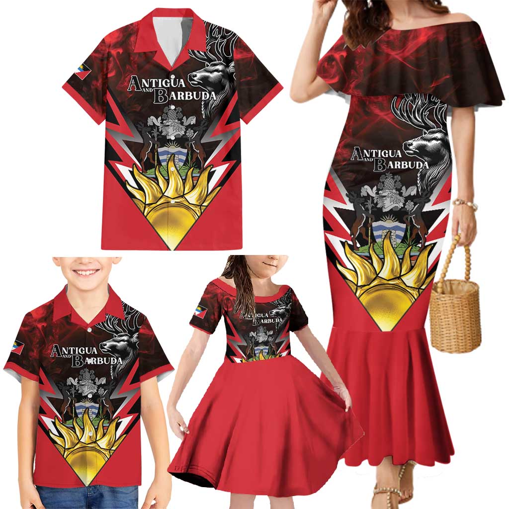 Personalized Antigua and Barbuda Family Matching Mermaid Dress and Hawaiian Shirt Coat Of Arms With Fallow Deer