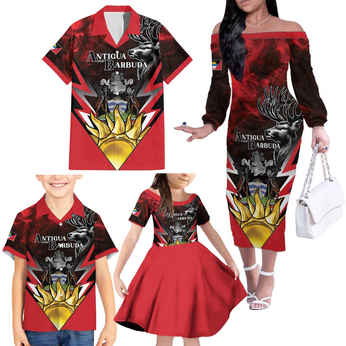 Personalized Antigua and Barbuda Family Matching Off The Shoulder Long Sleeve Dress and Hawaiian Shirt Coat Of Arms With Fallow Deer