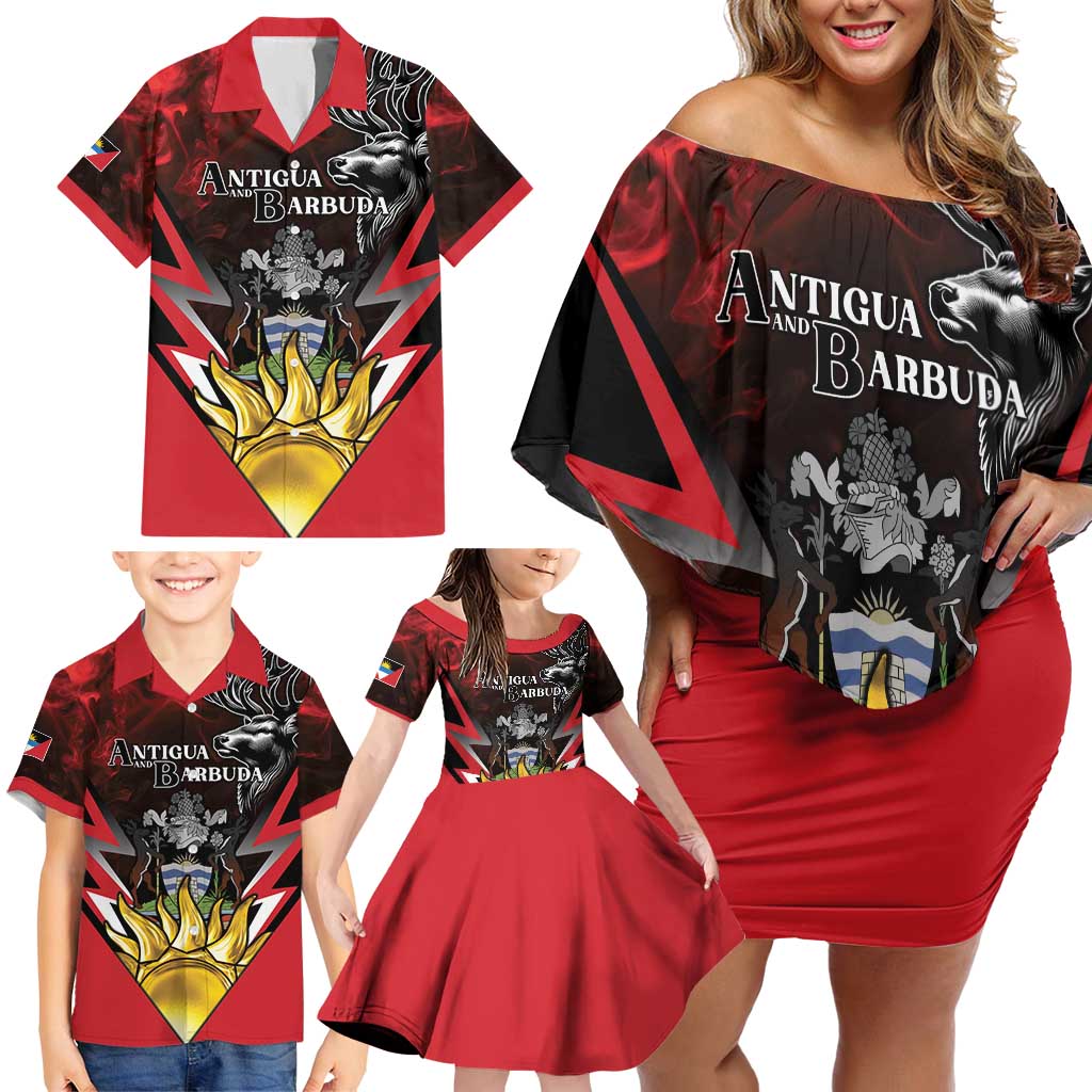 Personalized Antigua and Barbuda Family Matching Off Shoulder Short Dress and Hawaiian Shirt Coat Of Arms With Fallow Deer