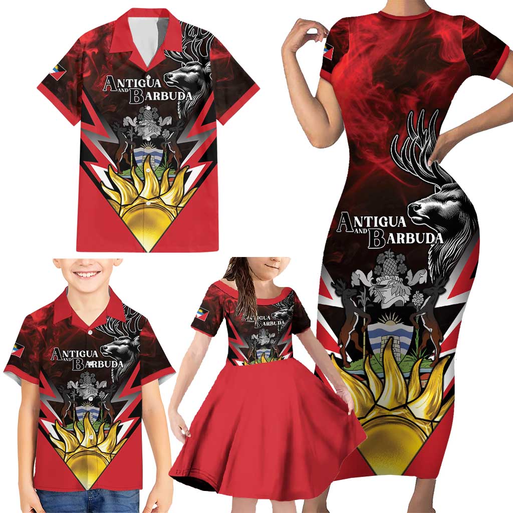 Personalized Antigua and Barbuda Family Matching Short Sleeve Bodycon Dress and Hawaiian Shirt Coat Of Arms With Fallow Deer