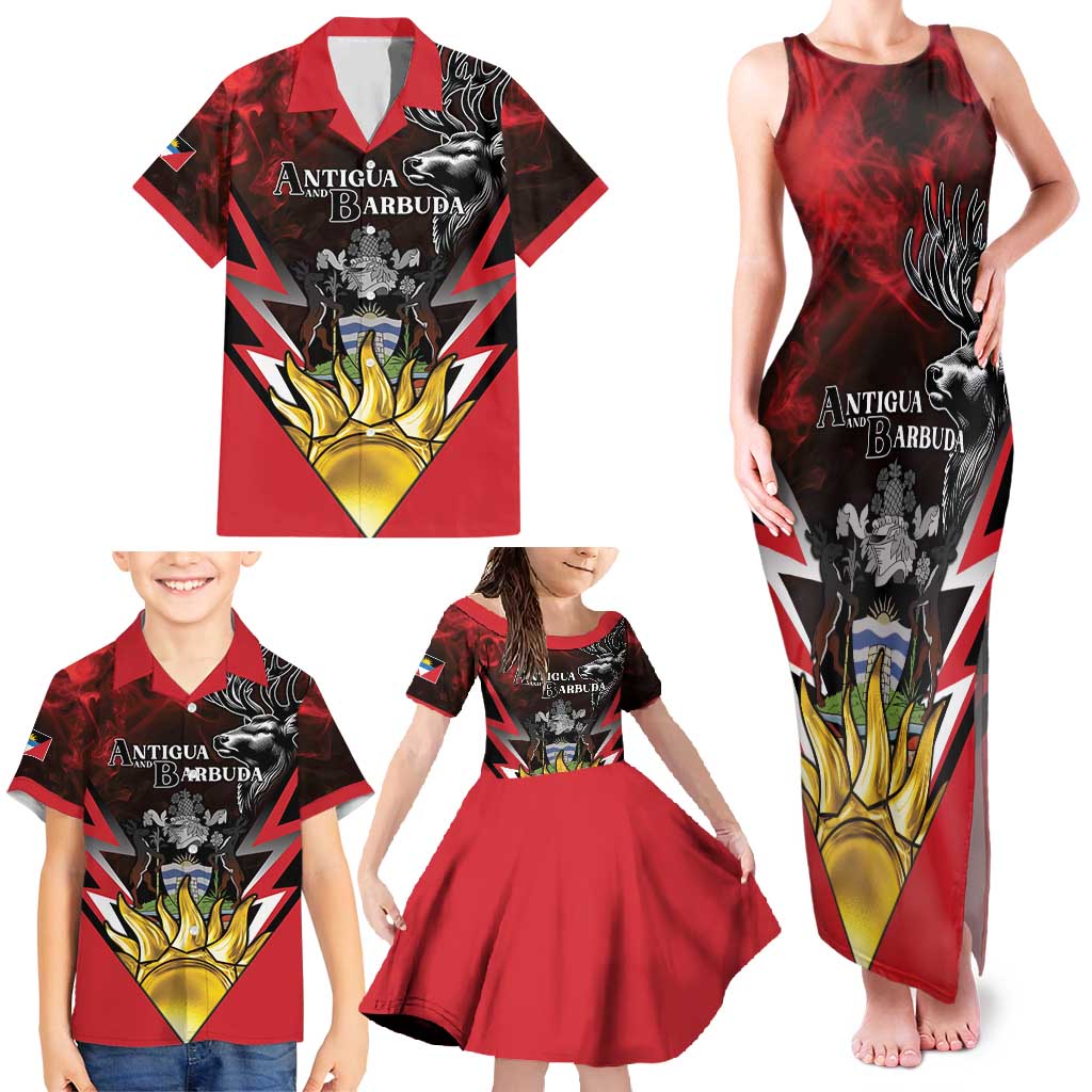 Personalized Antigua and Barbuda Family Matching Tank Maxi Dress and Hawaiian Shirt Coat Of Arms With Fallow Deer