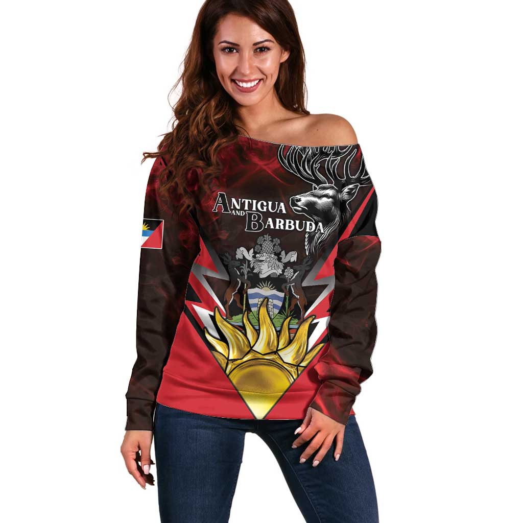 Personalized Antigua and Barbuda Off Shoulder Sweater Coat Of Arms With Fallow Deer