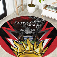 Round area rug with Antigua & Barbuda crest, red/black rays and golden flames
