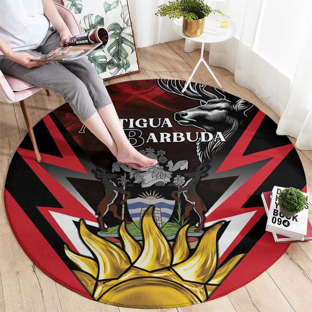 Round area rug featuring Antigua & Barbuda coat of arms with deer, red/black rays