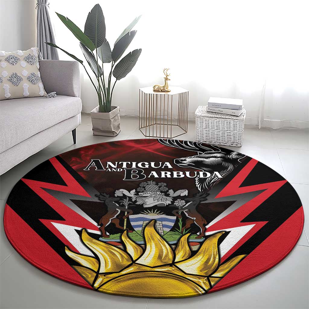 Round area rug with Antigua & Barbuda crest, red/black rays and golden flame artwork