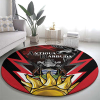 Round area rug with Antigua & Barbuda crest, red/black rays and golden flame artwork