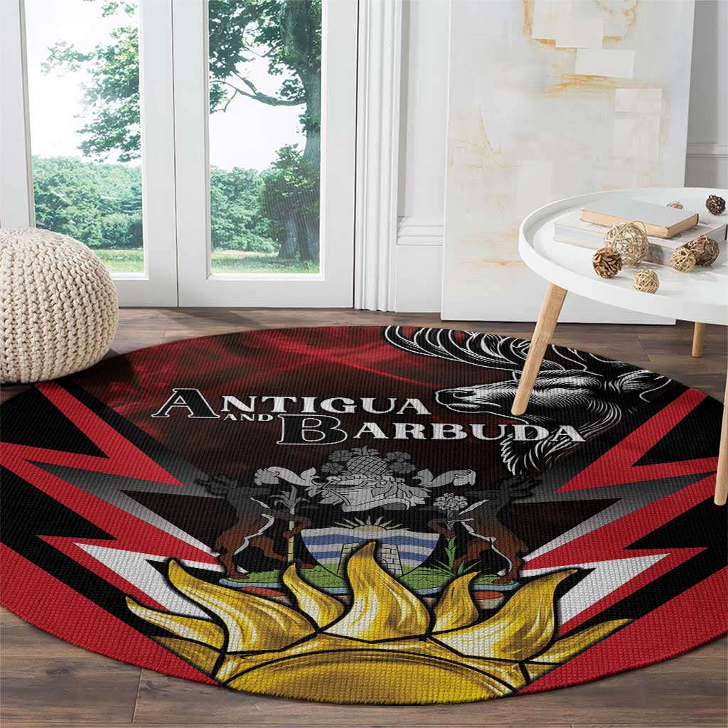 Round area rug displaying Antigua & Barbuda coat of arms and golden flames on red/black rays