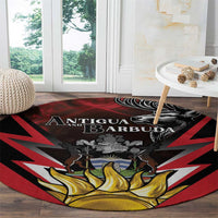 Round area rug displaying Antigua & Barbuda coat of arms and golden flames on red/black rays