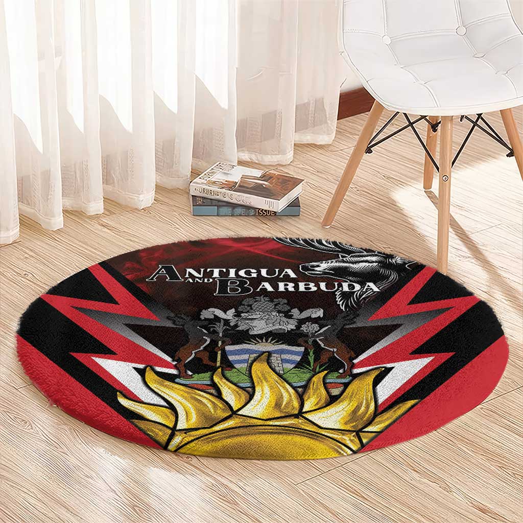 Round area rug with Antigua & Barbuda crest, fallow deer, red/black flag design