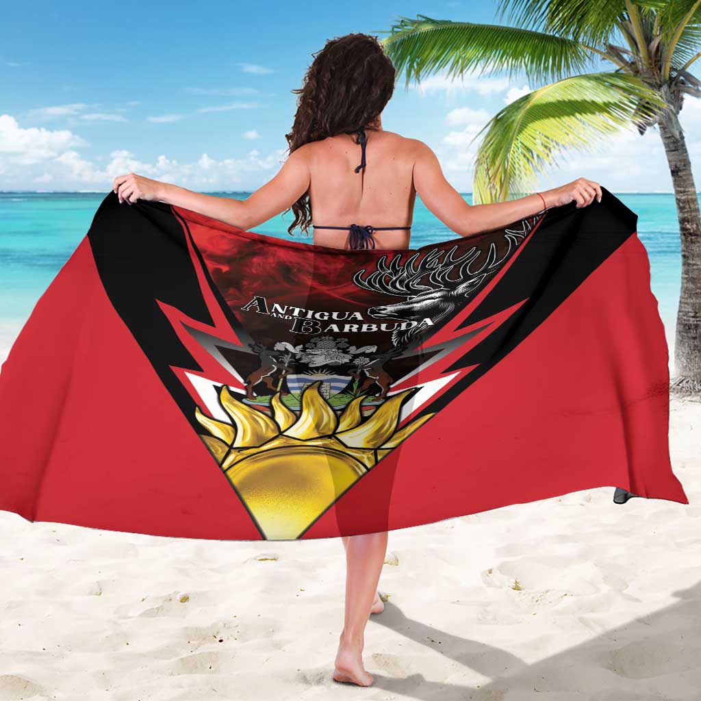 Red and black sarong coat, back view, Antigua and Barbuda crest with deer emblem