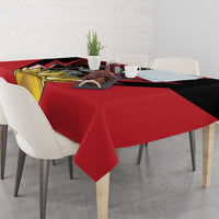 Red tablecloth corner with Antigua and Barbuda coat of arms and fallow deer graphic