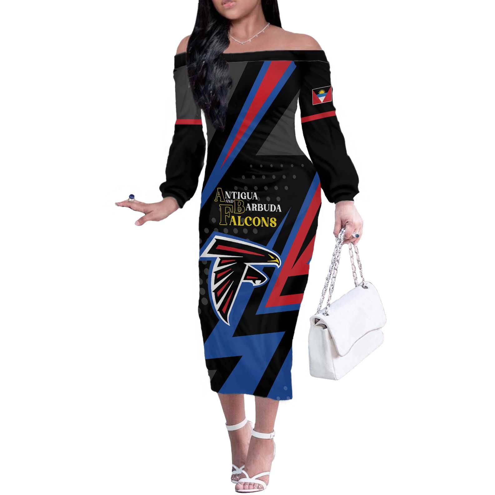 Custom Antigua and Barbuda Cricket Off The Shoulder Long Sleeve Dress Sporty Style