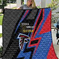 Black cricket quilt blanket with Antigua and Barbuda Falcons logo, blue and red diagonals