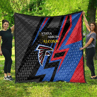Black quilt with Antigua and Barbuda Falcons emblem and blue/red diagonal stripes, outdoors