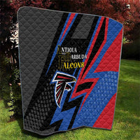 Folded black quilt with Antigua and Barbuda Falcons crest, blue and red lightning stripes