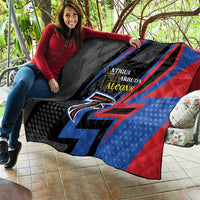 Black cricket quilt blanket draped on bench, Antigua and Barbuda Falcons logo with blue/red