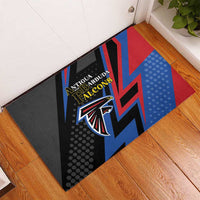 Rectangular rubber cricket doormat, Antigua Barbuda Falcons emblem in blue red and black