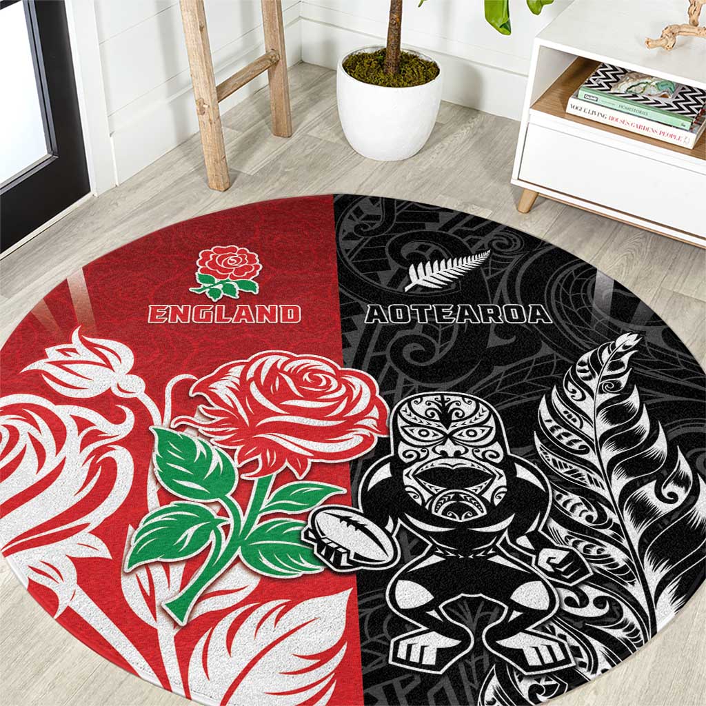 New Zealand And England Rugby Round Carpet Maori Tiki With Red Rose Together