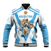 Blue and white varsity baseball jacket with striped rib collar and Argentina emblem front