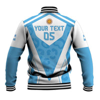 Blue and white baseball jacket back with YOUR TEXT graphic and striped rib collar