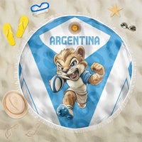 Round Argentina beach blanket with cartoon mascot and Argentina text on blue/white stripes, fringed.