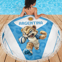 Round Argentina beach blanket with cartoon mascot and Argentina text, blue/white print, fringed edge.