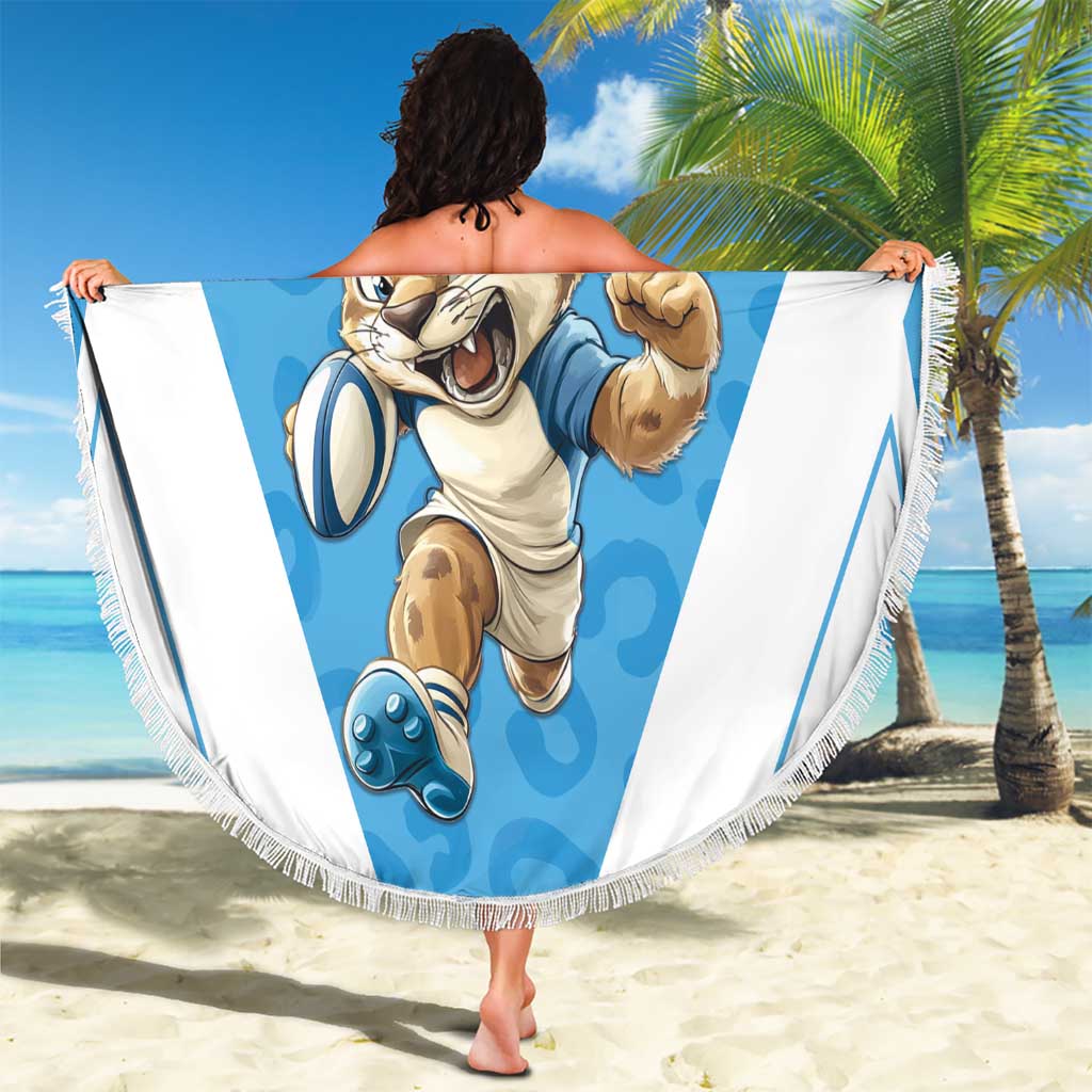Round Argentina beach blanket with cartoon mascot graphic on blue/white striped panel, fringed.
