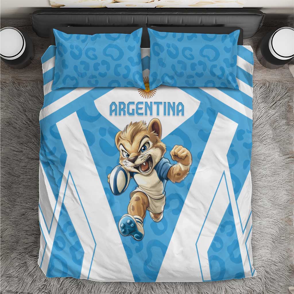 Blue and white Argentina bedding set with cartoon leopard mascot and striped geometric pattern.