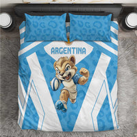Blue and white Argentina bedding set with cartoon leopard mascot and striped geometric pattern.