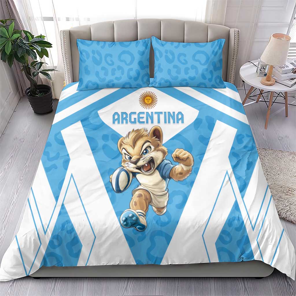 Blue and white Argentina bedding set, duvet featuring leopard mascot and Argentina crest on blue stripe.
