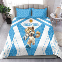 Blue and white Argentina bedding set, duvet featuring leopard mascot and Argentina crest on blue stripe.