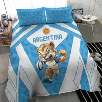 Blue and white Argentina bedding set, duvet with leopard mascot and two matching blue pillowcases.