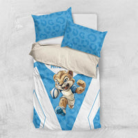 Blue and white bedding set with leopard mascot print, two blue pillowcases and white duvet cover.