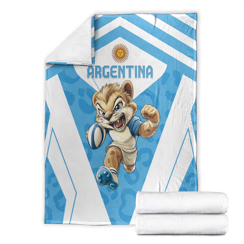 Argentina blanket with blue-and-white striped design and running character artwork