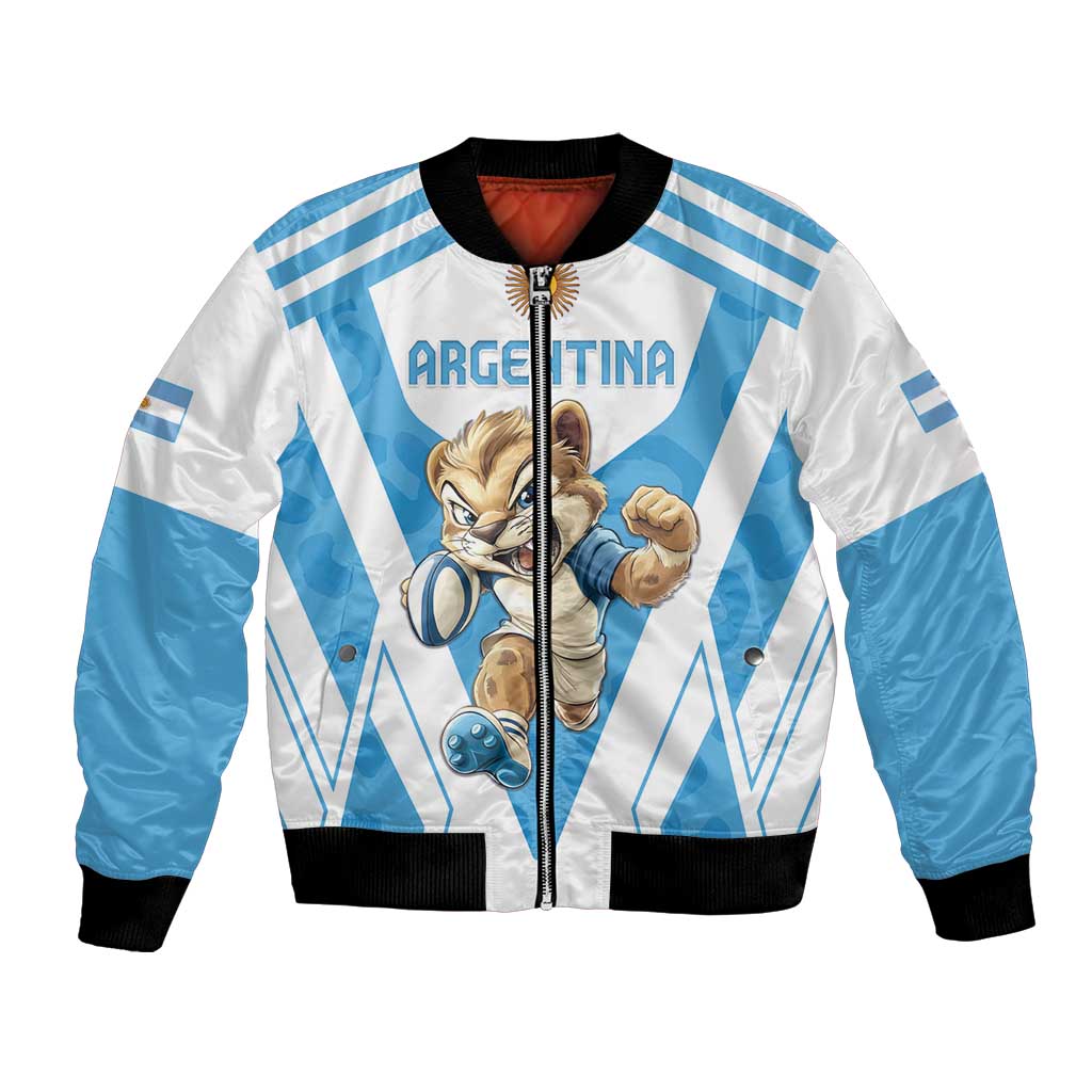Argentina rugby bomber jacket, white and blue with zipper front, black rib trim, animal mascot graphic