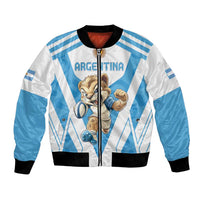 Argentina rugby bomber jacket, white and blue with zipper front, black rib trim, animal mascot graphic