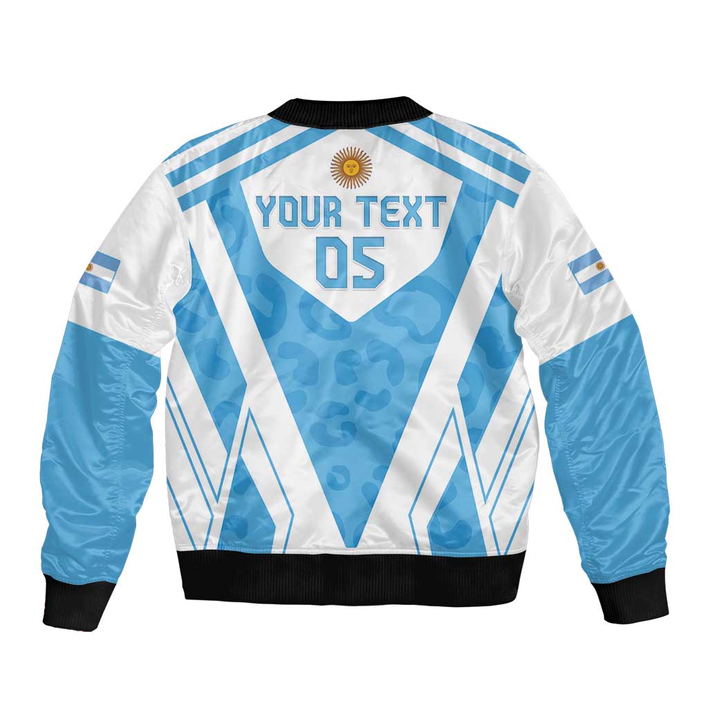 Argentina rugby bomber jacket back, white and blue geometric stripes, black rib trim, "Your text"