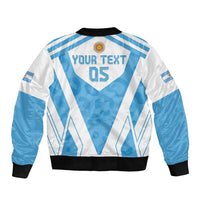 Argentina rugby bomber jacket back, white and blue geometric stripes, black rib trim, "Your text"