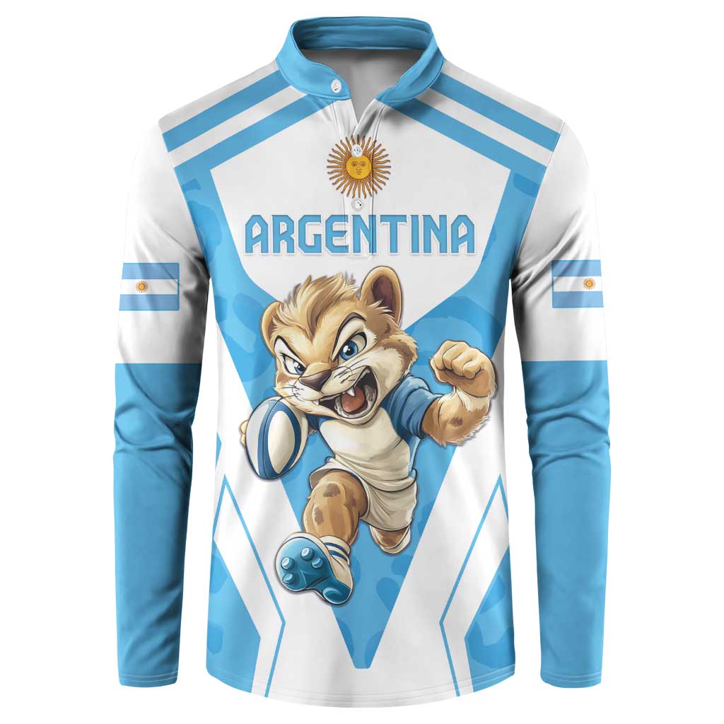 Long-sleeve rugby sweatshirt with light blue stripes, button placket, Argentina mascot graphic