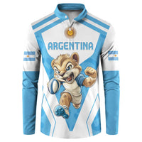 Long-sleeve rugby sweatshirt with light blue stripes, button placket, Argentina mascot graphic