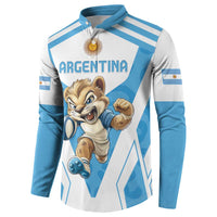Long-sleeve rugby sweatshirt with light blue stripes, button placket, Argentina mascot graphic front