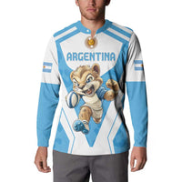 Long-sleeve rugby sweatshirt on model with light blue stripes, button placket, Argentina mascot