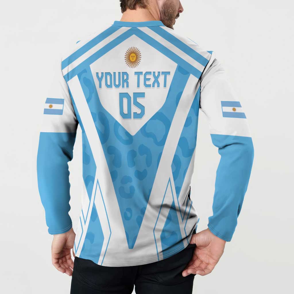 Long-sleeve rugby sweatshirt back on model, light blue stripes, YOUR TEXT 05 graphic