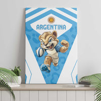 Blue Argentina canvas wall art featuring a cartoon mascot running with a fist raised