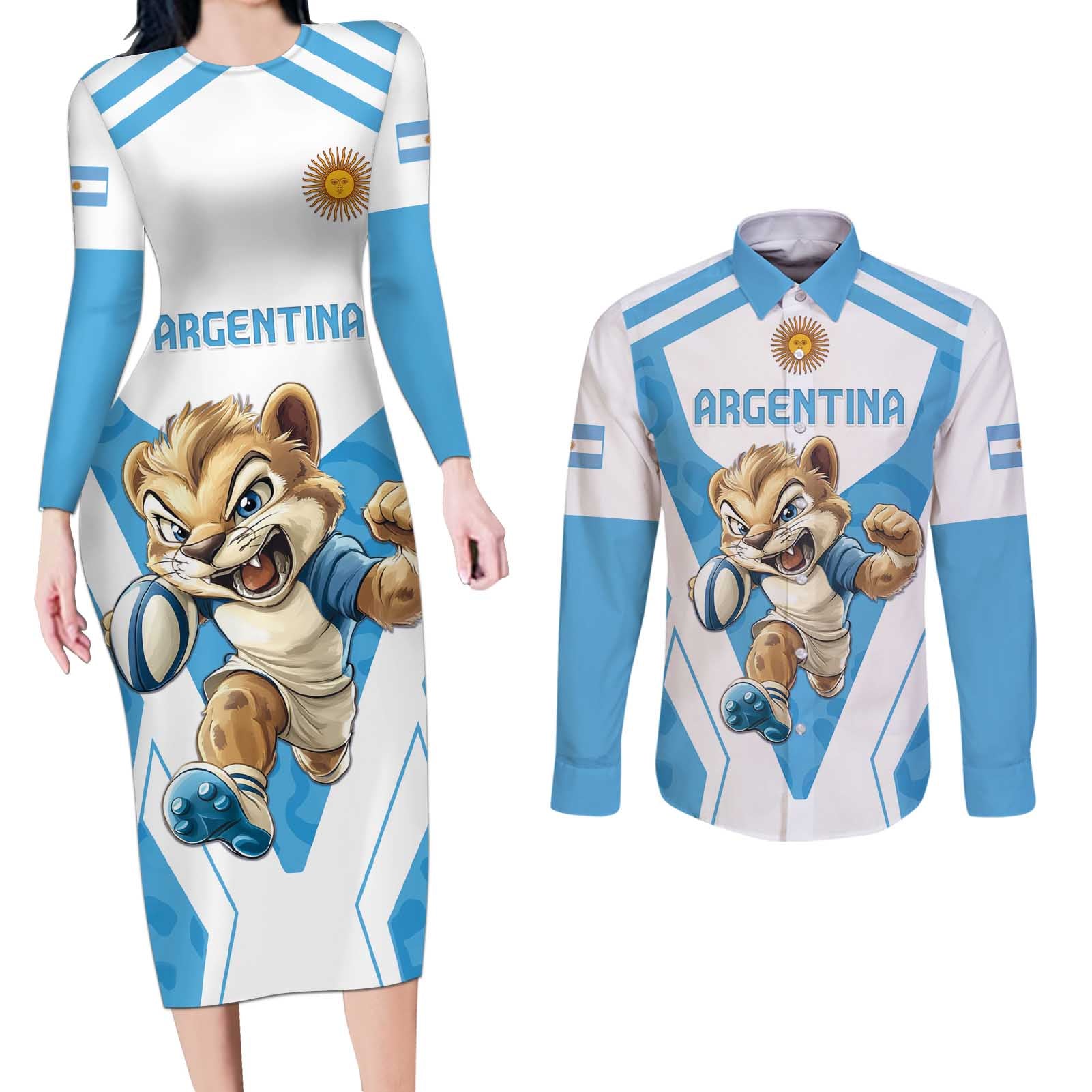 Custom Argentina Rugby 2024 Couples Matching Long Sleeve Bodycon Dress and Long Sleeve Button Shirt Go Los Pumas Leopard Pattern LT05 - Wonder Print Shop