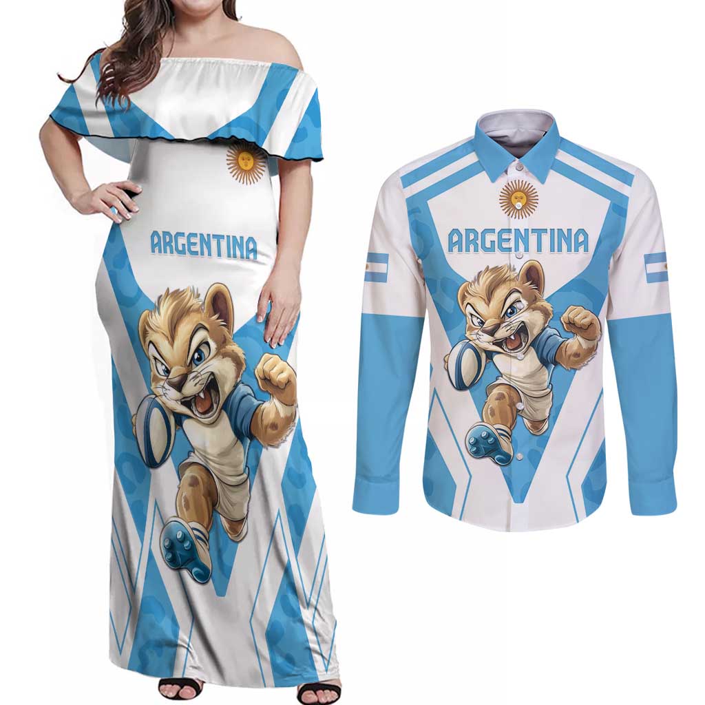 Custom Argentina Rugby 2024 Couples Matching Off Shoulder Maxi Dress and Long Sleeve Button Shirt Go Los Pumas Leopard Pattern LT05 - Wonder Print Shop