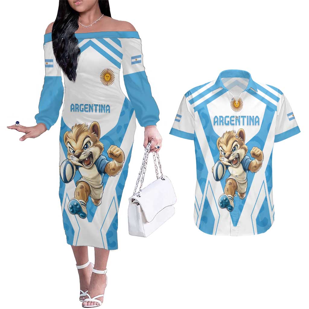 Custom Argentina Rugby 2024 Couples Matching Off The Shoulder Long Sleeve Dress and Hawaiian Shirt Go Los Pumas Leopard Pattern LT05 - Wonder Print Shop