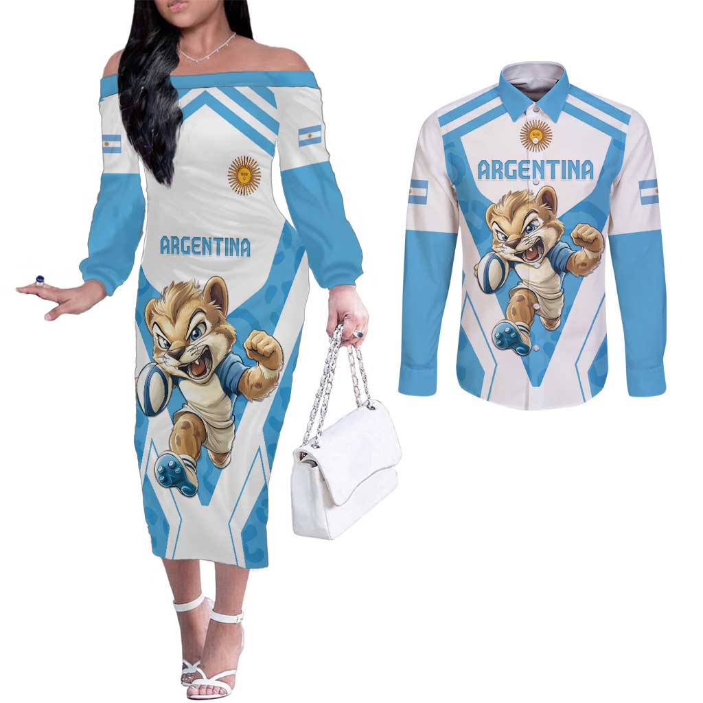 Custom Argentina Rugby 2024 Couples Matching Off The Shoulder Long Sleeve Dress and Long Sleeve Button Shirt Go Los Pumas Leopard Pattern